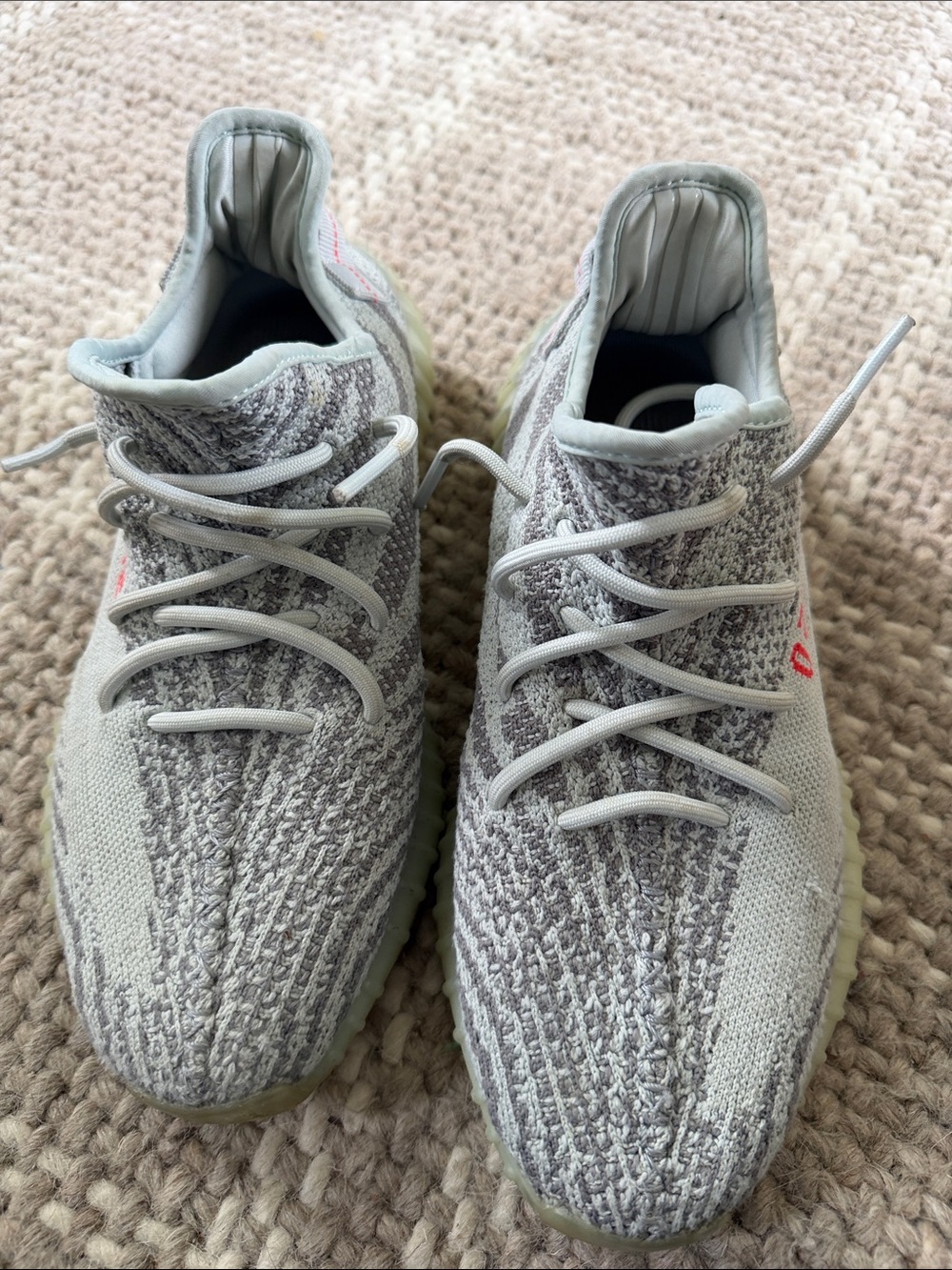 adidas Yeezy Knit Sneakers in Light Gray with Subtle Pink Accent